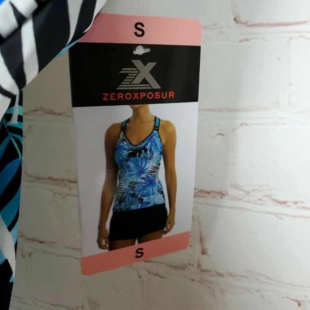 ZeroXposur Racerback Action Tankini Swimsuit Top Blue Palm UPF 50+ Sz Small NEW